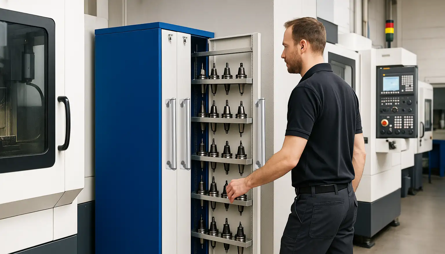 Illustration of an operator accessing CNC tool holders in a vertical pull-out cabinet beside machining centres