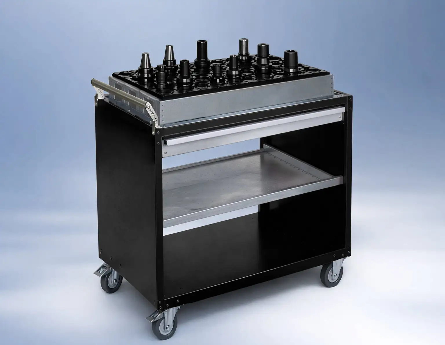 Mobile CNC tool trolley with tool-holder rack, drawer and lower shelf